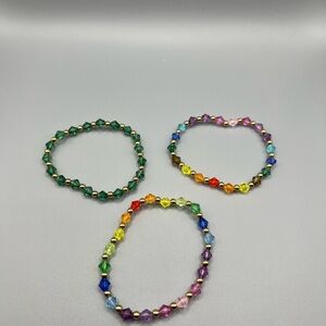 Set of 3 Beaded Stretch Bracelets - Green + Multicolor - Handmade #B0141T